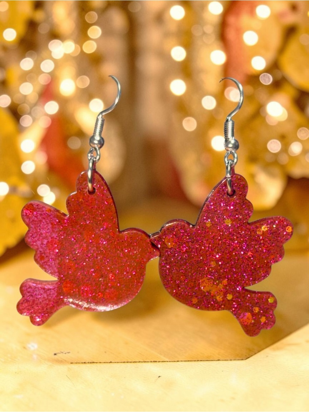 Handmade Pink Glitter Bird Resin Dangle Earrings